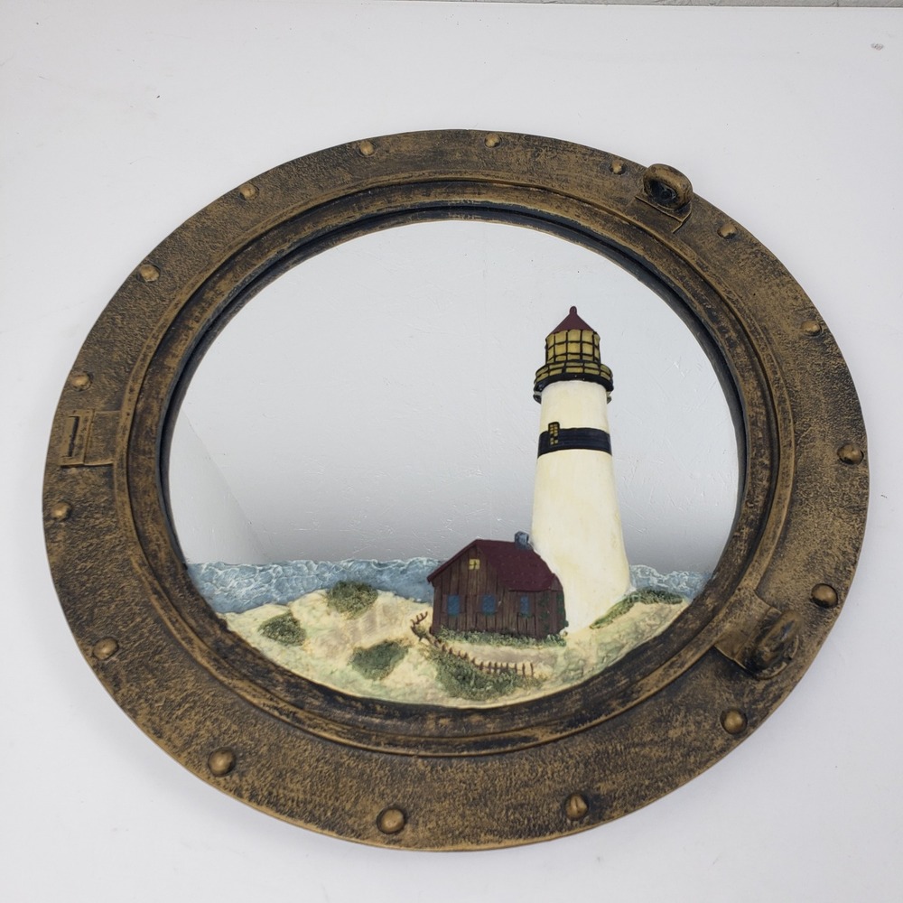 Nautical Porthole Wall Mirror 3D Lighthouse Scene Bronze Coastal Decor Gift